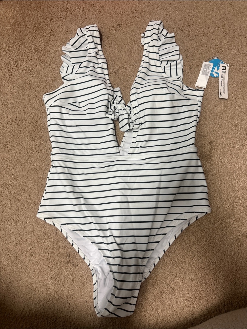 Cupshe White and Navy Striped Ruffle-Shoulder One-Piece Swim